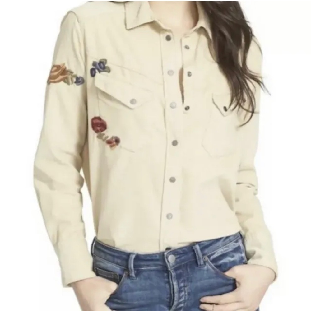 Free People Harley Floral Embroidered  corduroy button down Shirt Ivory NWOT M